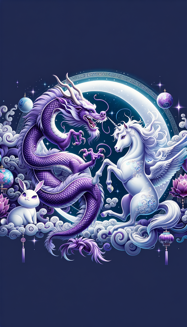 紫色中国龙，白色独角兽，玉兔，哮天犬
