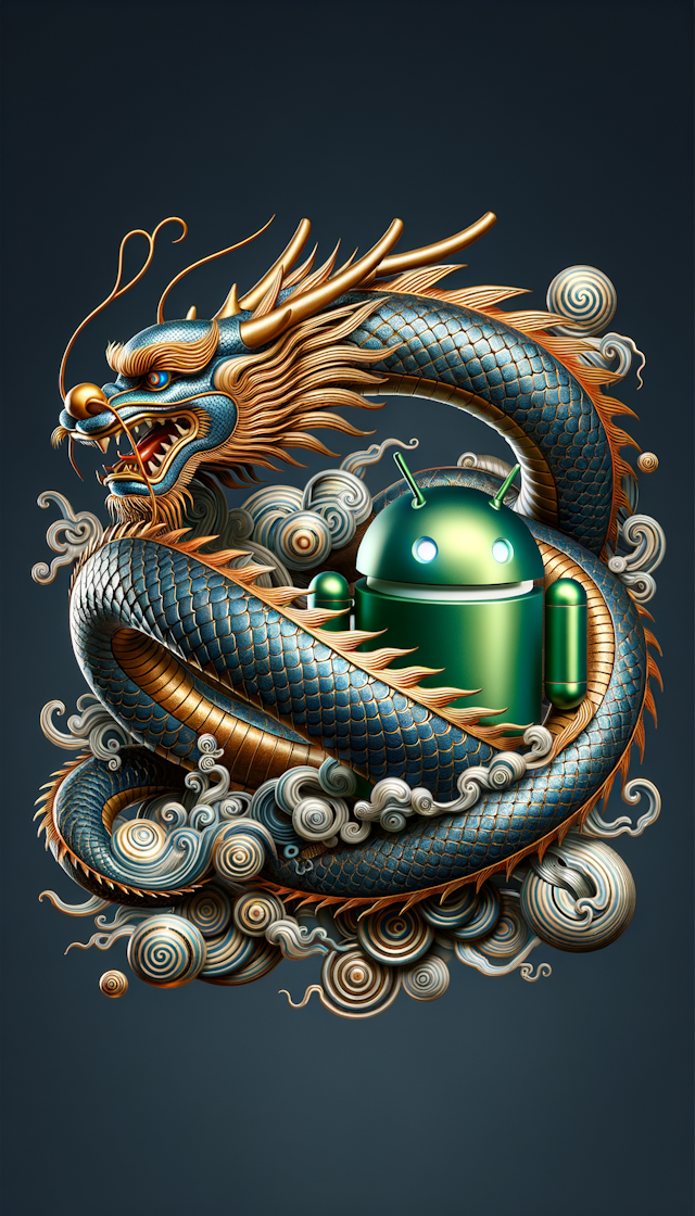 一条中国风的龙围绕着一个 Android 机器人
