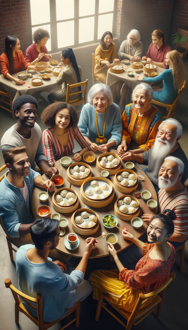 一群人围坐在桌边吃水饺