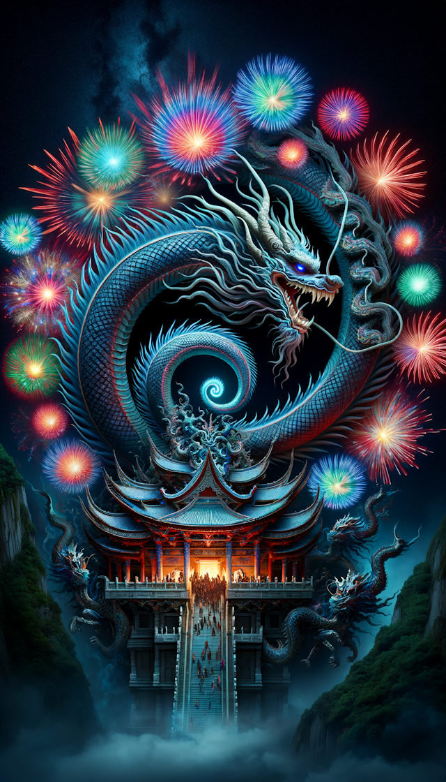 古代仙侠风格，一条巨龙围绕着精致的城堡，夜空中绽放着很多五彩的烟花