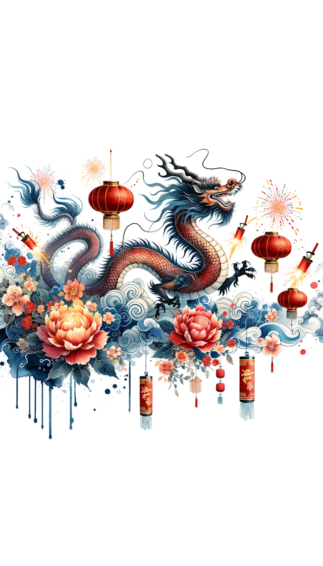 为我画可爱的水墨风的动态的龙，要喜庆，背景可以增加中国新春相关的元素比如灯笼、鞭炮，画面饱和度不要过高，要求957*1278像素，gif格式