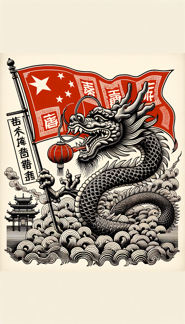 中国龙风舞在中国国旗上，吐出“龙年吉祥”四个字