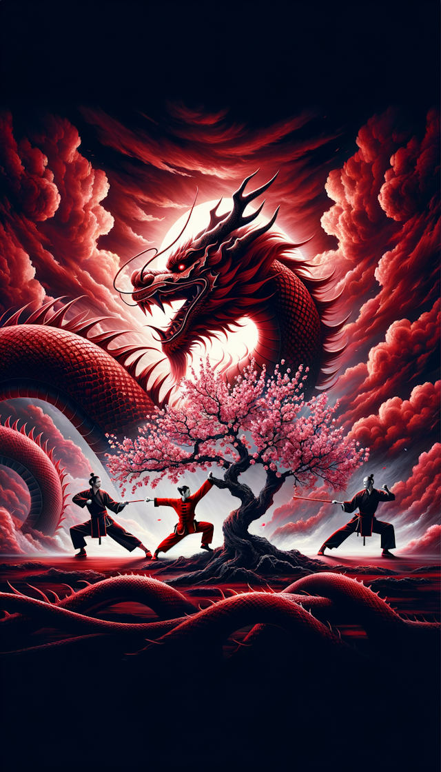 中国武术，咏春拳，背景是龙，红色背景，梅花树，宏大