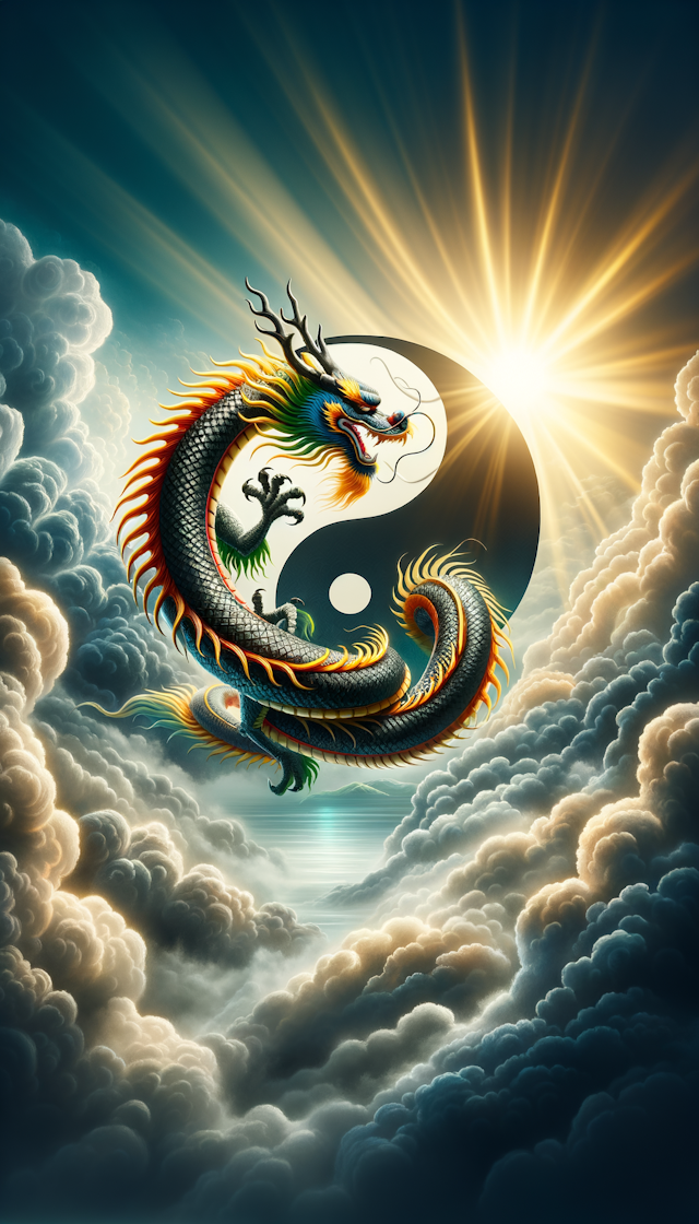一条中国龙围绕着一个太极图，背后是灿烂的阳光和云彩