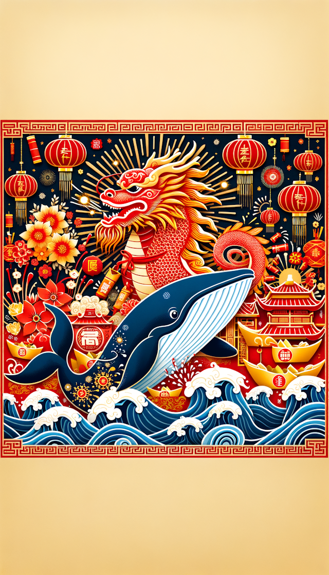 剪纸风中国风红色喜庆巨鲸跟神龙在庆祝新年快乐，烟花炮竹灯笼元宝，花，海浪