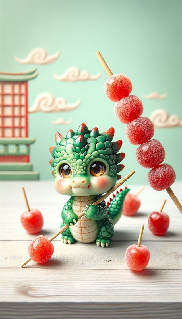 一只可爱的中国龙宝宝，拿着糖葫芦，背景干净可爱