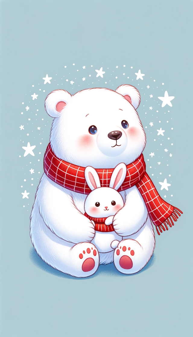 一头白色的可爱的北极熊，右侧胳膊搂着可爱的小白兔，两只动物脖子上都戴着红色围巾，仰头看着星空
