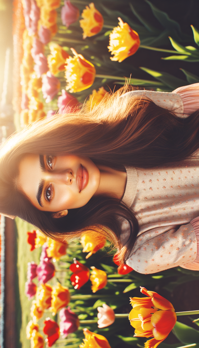 Create a portrait of a beautiful woman standing amidst a bed of vibrant tulips. The sun is shining on her face, illuminating the golden highlights in her hair.