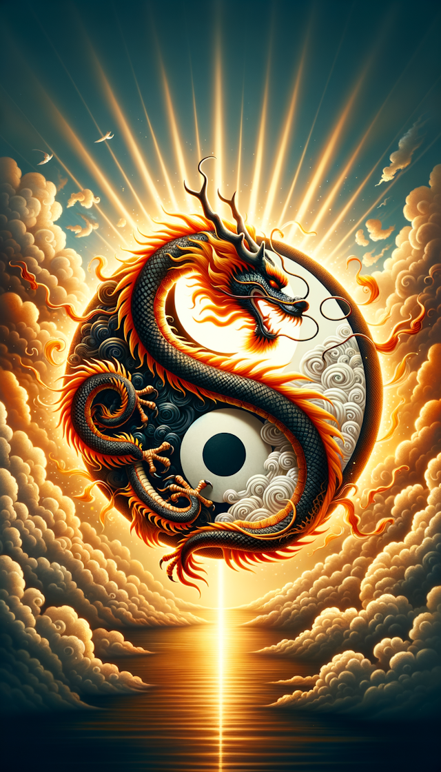 一条中国龙围绕着一个太极图，背后是灿烂的阳光和云彩，太极图要显示出来，龙要活波一点