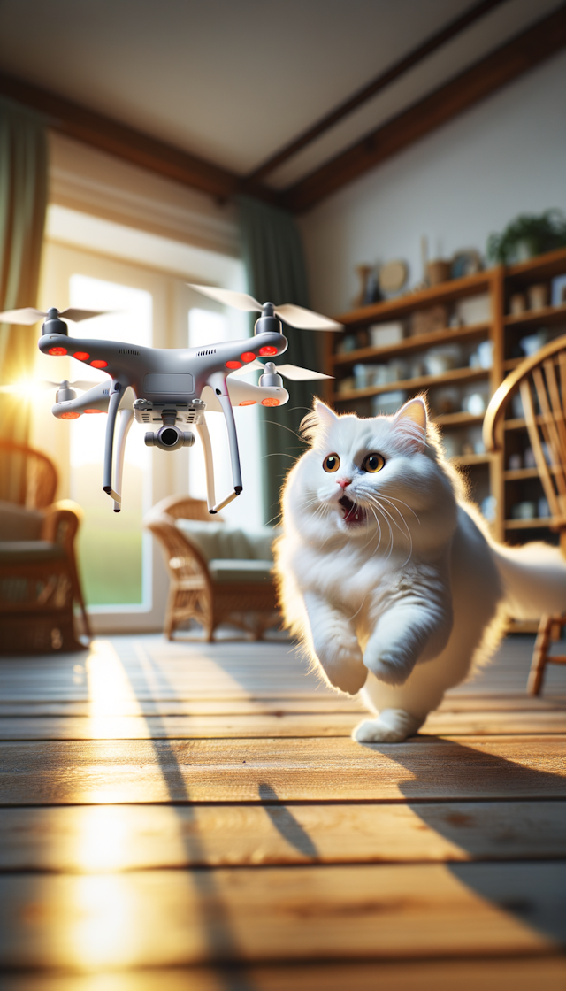 一只白猫追逐一台飞行的无人机