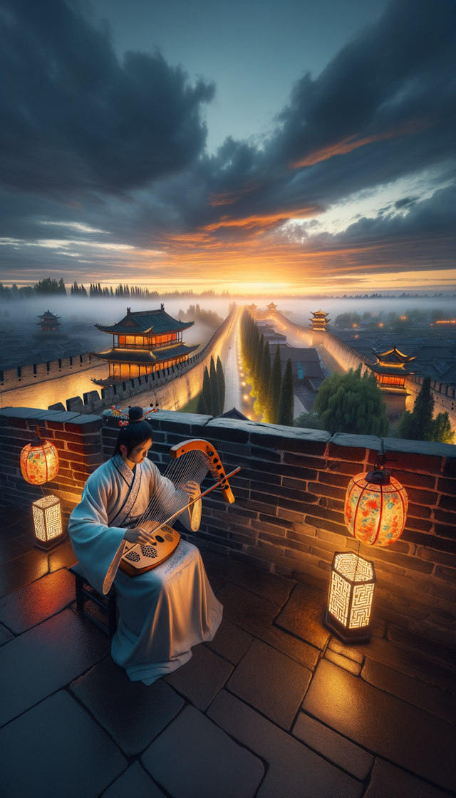 一个人站在襄阳古城墙上弹琴