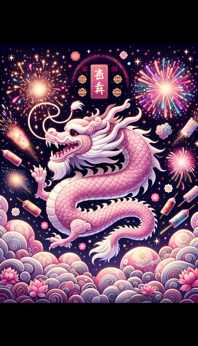 粉色的可爱中国龙，带上“新年快乐”字样