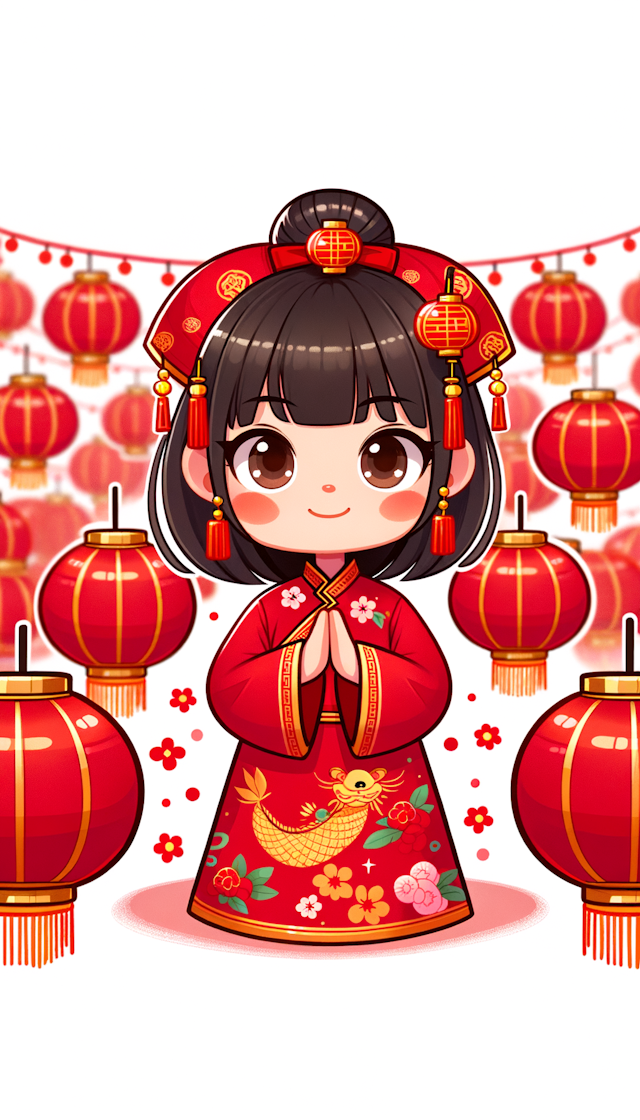 卡通风格：一个中国女孩面向前方作揖拜年，背景里有很多红灯笼