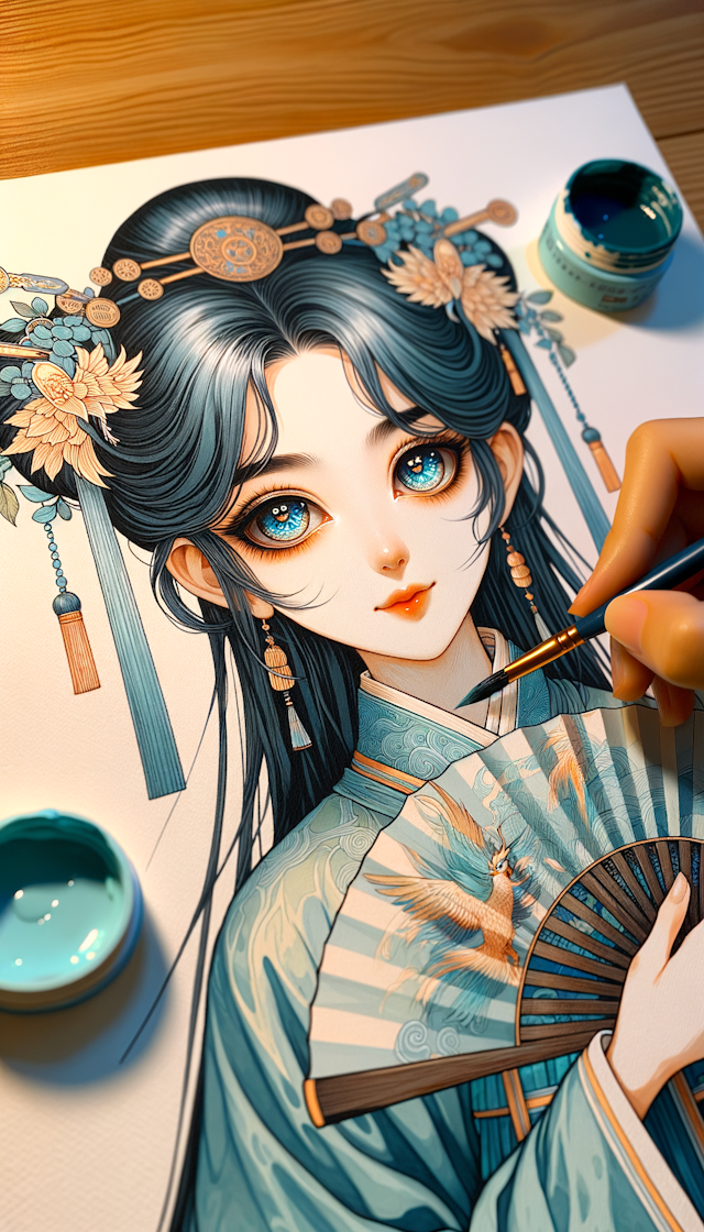 Thick acrylic paint illustration , a girl with phoenix eyes wearing a cyan Hanfu with afolding fan , exquisite facial features , ink and light colorsclose up of the face