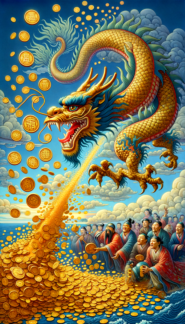 The Chinese dragon is soaring in the sky, helping everyone to scatter gold coins