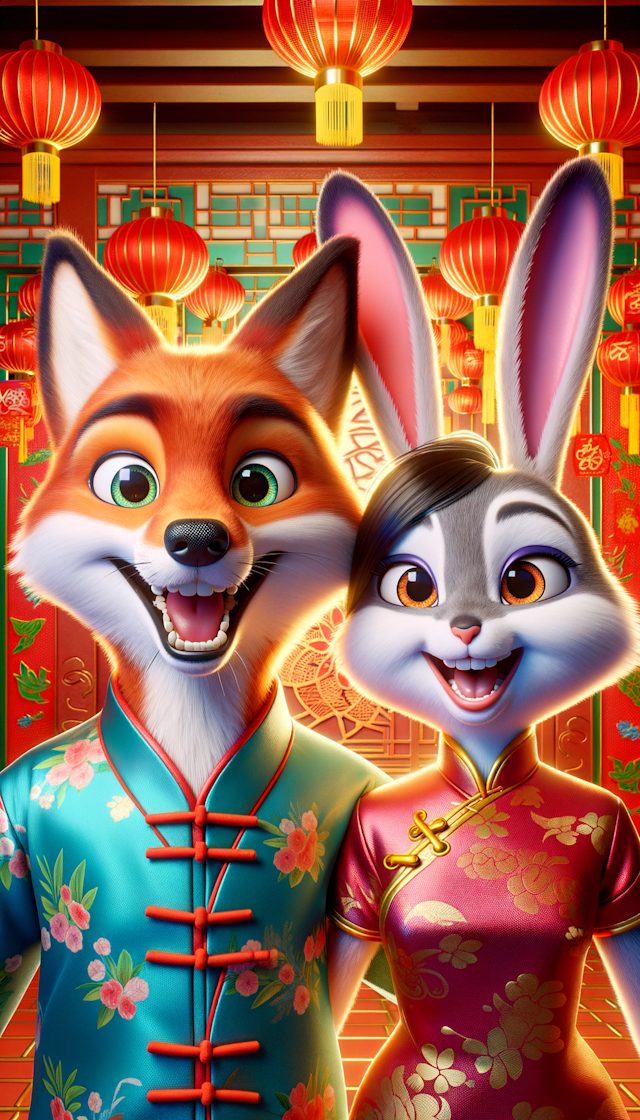 疯狂动物城里的朱迪和尼克 对着镜头笑，中国传统新年氛围，迪士尼风格，3D渲染，3:4