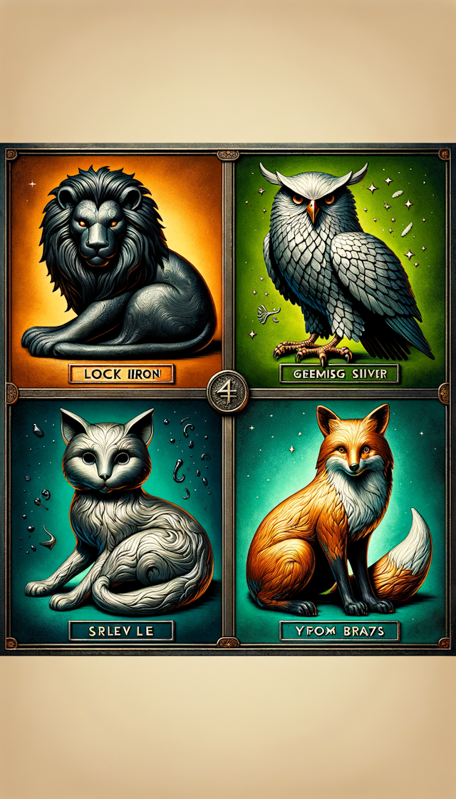 左上角黑铁狮子，右上角白银猫头鹰，左下角青铜老鹰，右下角黄铜狸子