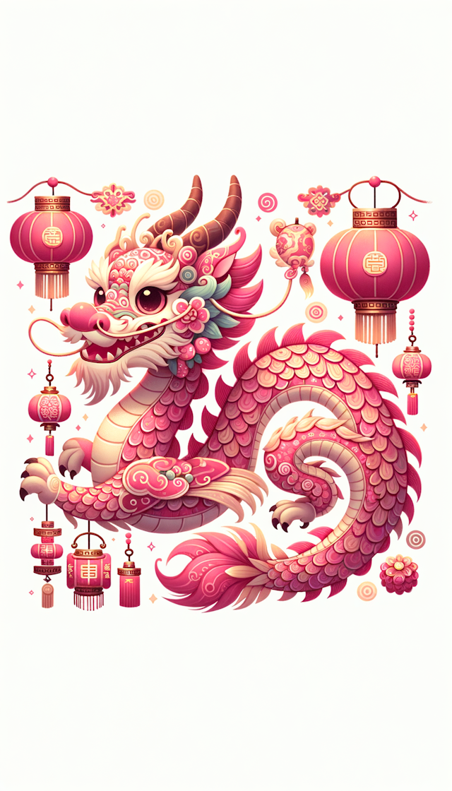 把威严的中国龙 可爱化拟人化，更适合喜庆的气氛。整体呈现粉色的龙