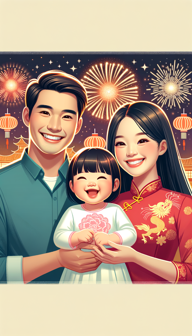 一家三口，爸爸妈妈和女宝宝，亚洲面孔，祝福大家农历新年快乐；每个人都很开心，背景有烟花