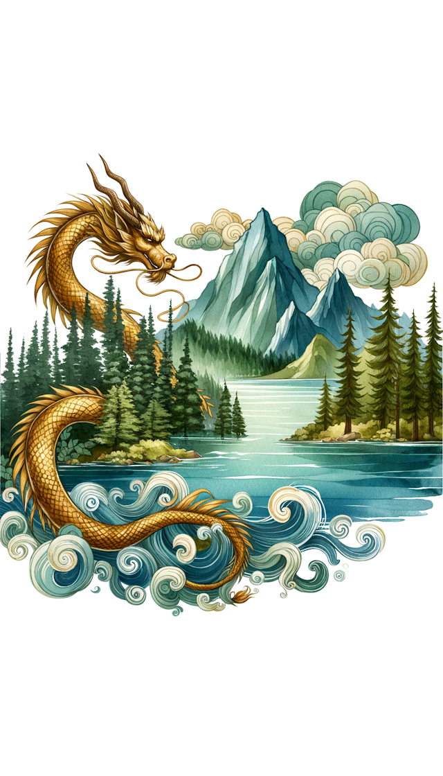 水彩风格， 一条可爱的小金龙盘旋在湖面上，湖边是茂密的森林和巍峨的高山