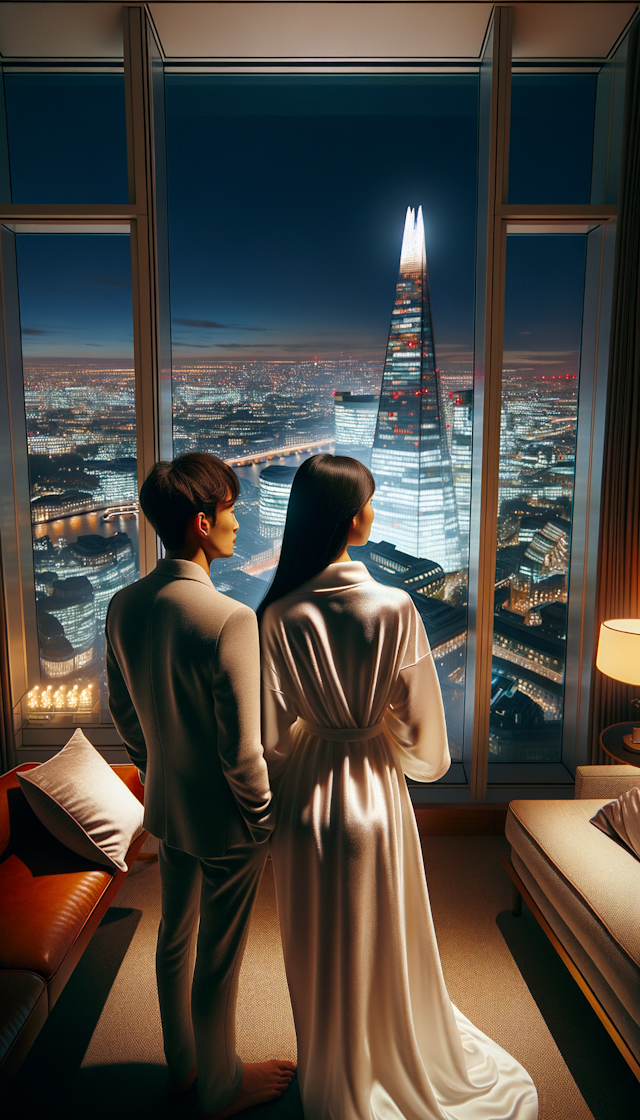 一对青年中国夫妻背影，站在伦敦碎片大厦的房间内，看向窗外的繁华伦敦夜景，屋内装修豪华