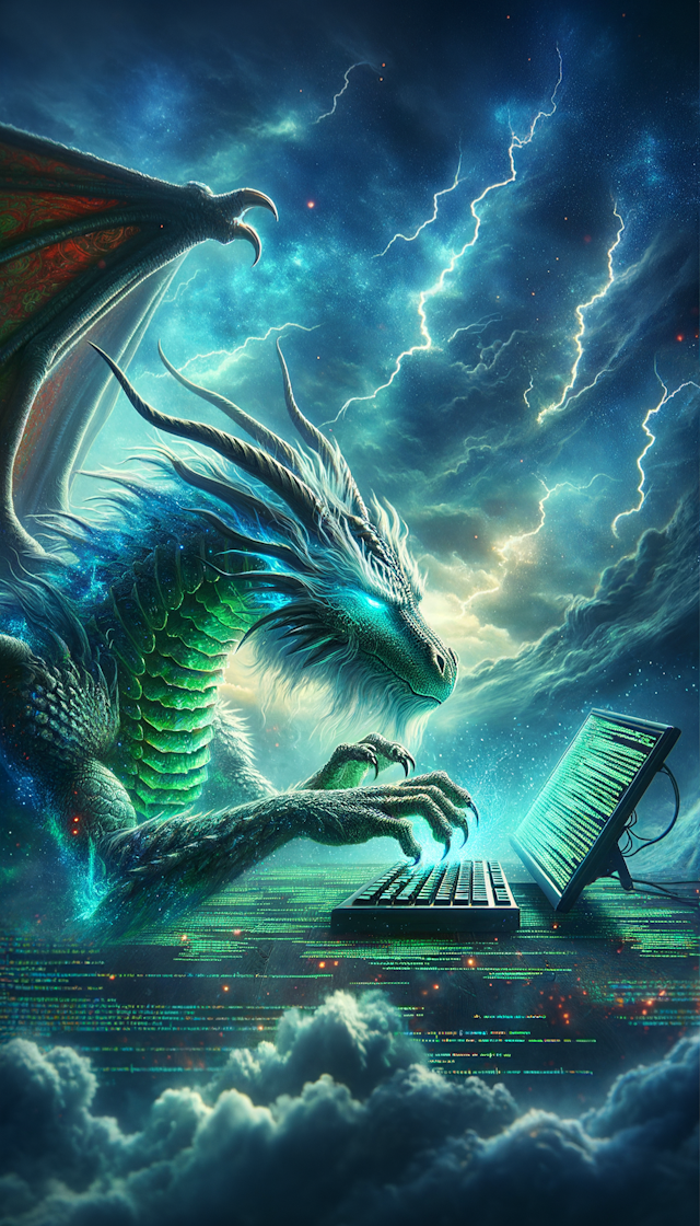 A dragon is writing code with thunder behind