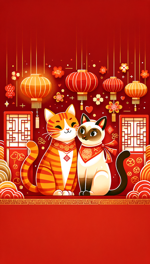 平面插画风格的橘猫和暹罗猫在拜年
