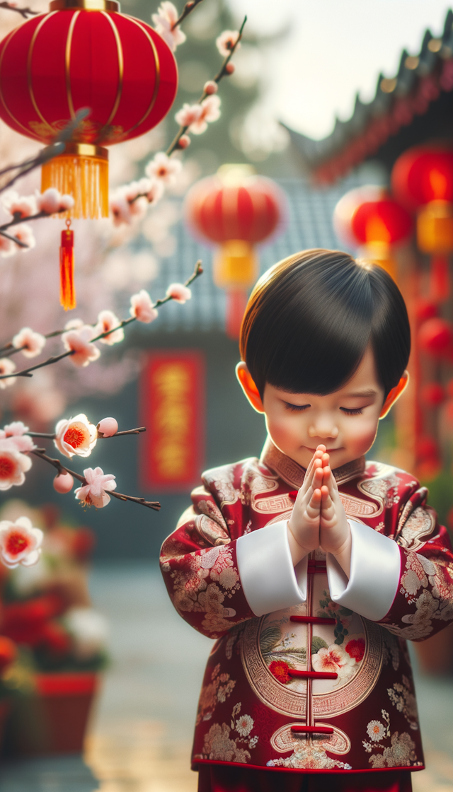 小朋友，身着中国传统服饰，拱手拜年