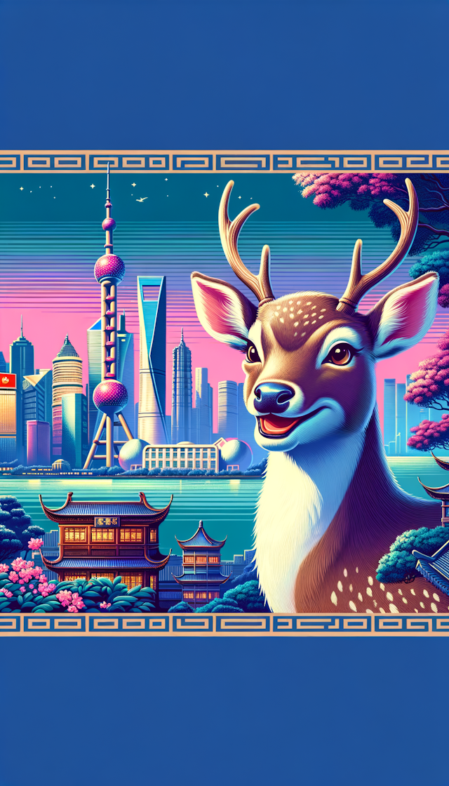 公鹿，粉色和蓝色，希望，拟人化动物，微笑，上海