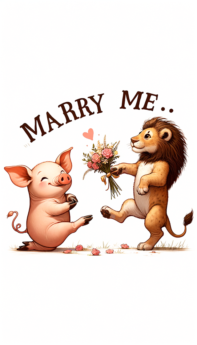 一只可爱的小猪手里面拿着一束花，单腿跪着，向一只小母狮子求婚，上面有一行字，marry me