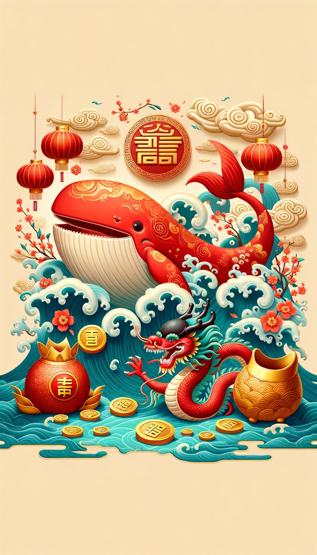 中国风红色喜庆巨大的鲸鱼跟神龙的大海上相缠争闹庆祝新年快乐元宝铜钱发财