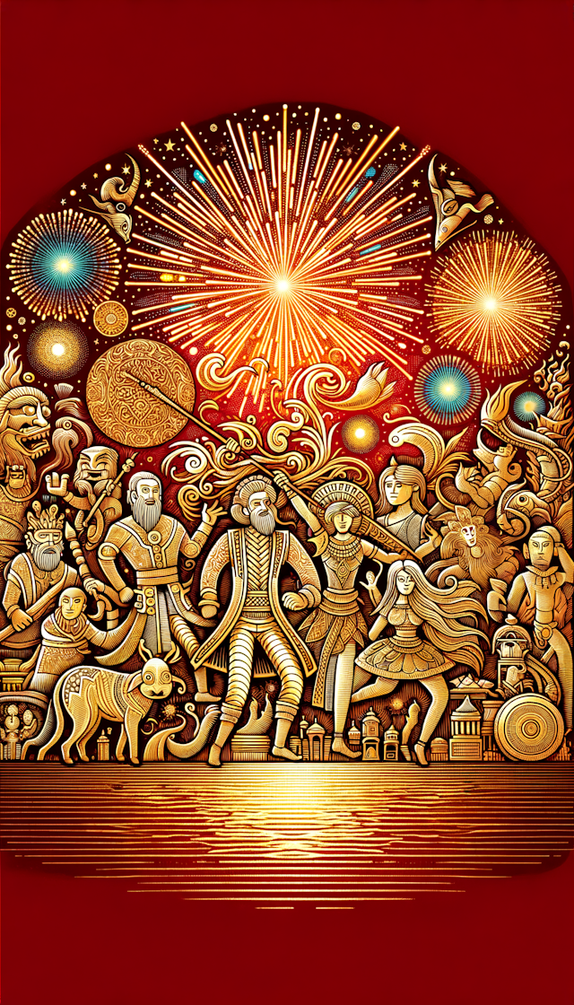 Many Fu characters, with different sizes, resembling engraving and printing, glistening golden; colorful fireworks, against a red background.