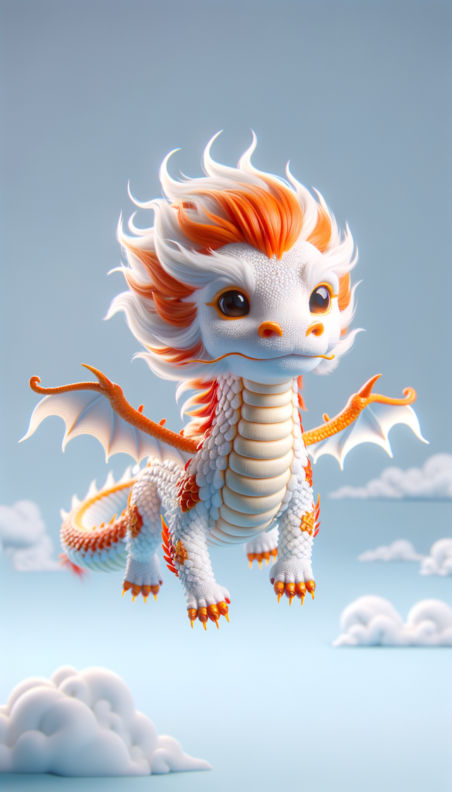 a cute Chinese dragon:2, 4 feet,fly in the sky,super detail,realistic hair,C4D rendering、IP design,white,orange,resin,3d,blender,fine material endering,2.5d,bright colors,simple background,detailed rendering,8k,rich detail,front view --niji 5 --ar 3:4 --s 750