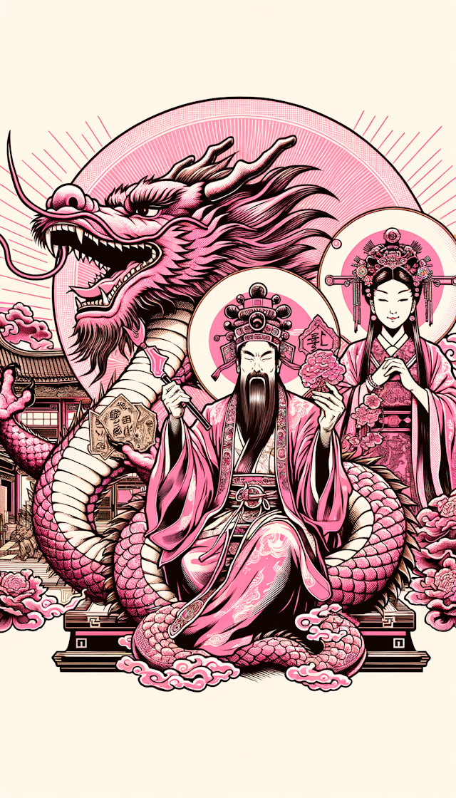 中国龙，中国财神，关公，驾笼真太郎漫画风格，粉色主题