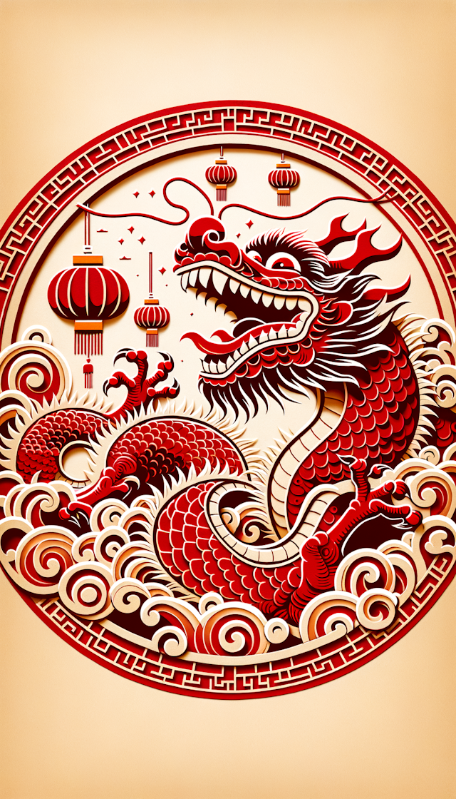 Chinese dragon is laughing, Chinesepaper-cut, festive,red themealong with the signature "FCG"