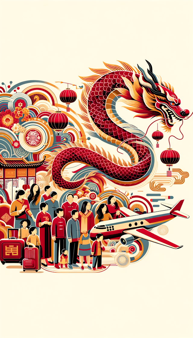 Celebratory Red and Family Gathering Theme, Incorporating Chinese Dragon and Symbolic Plane Design, Emphasis on Xiqing and New Year Festivities, Rich in Chinese Cultural Elements, Featuring Soft and Warm Color Schemes, Dynamic and Vivid Illustrations, Minimalistic Approach to Colorful Murals. --ar 3:4 --niji 5