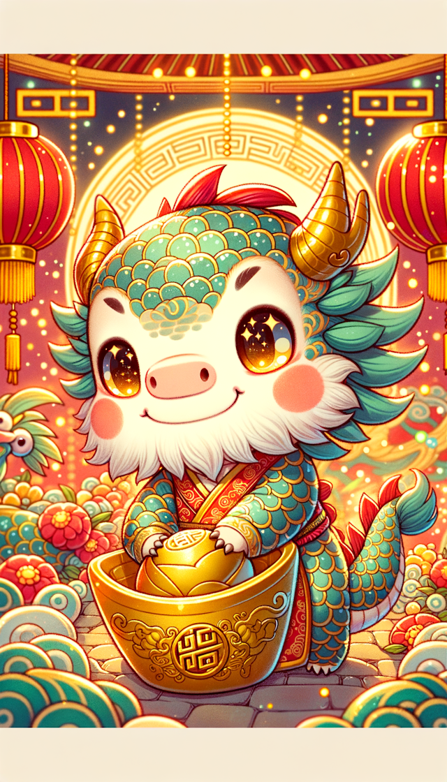 Spring Festival atmosphere, a cute little dragon, a golden ingot, standing, congratulations, smiling, close-up, positive, illustration, high detail --ar 3:4 --v 6.0