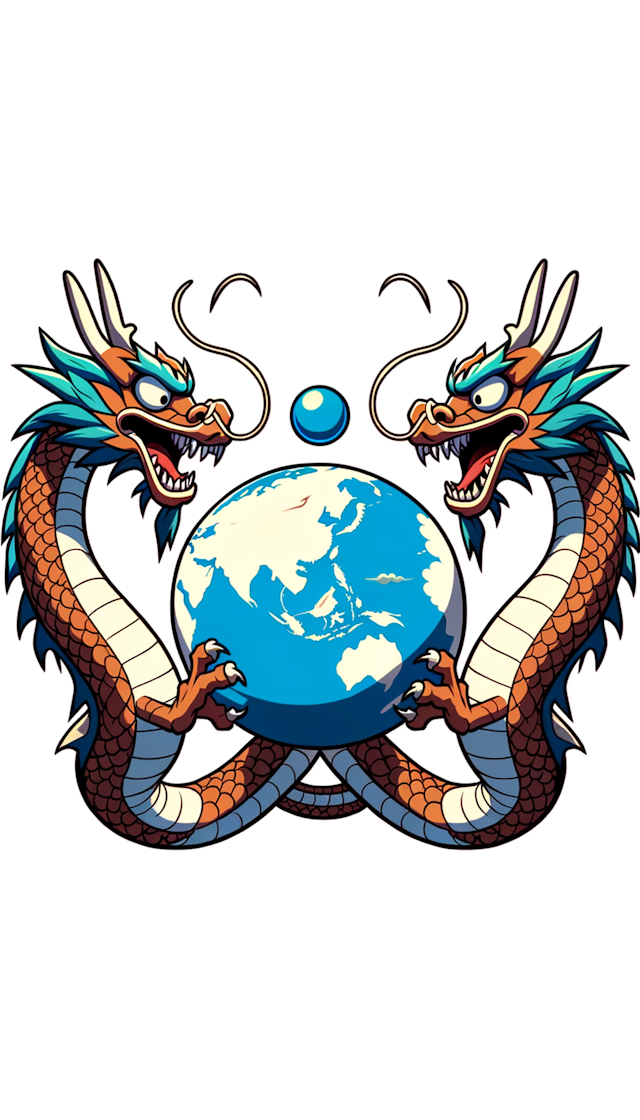 蓝色地球，左右各有一个可爱的中国龙面向着地球，二龙戏珠，动漫风格，龙的头部特写，高级配色