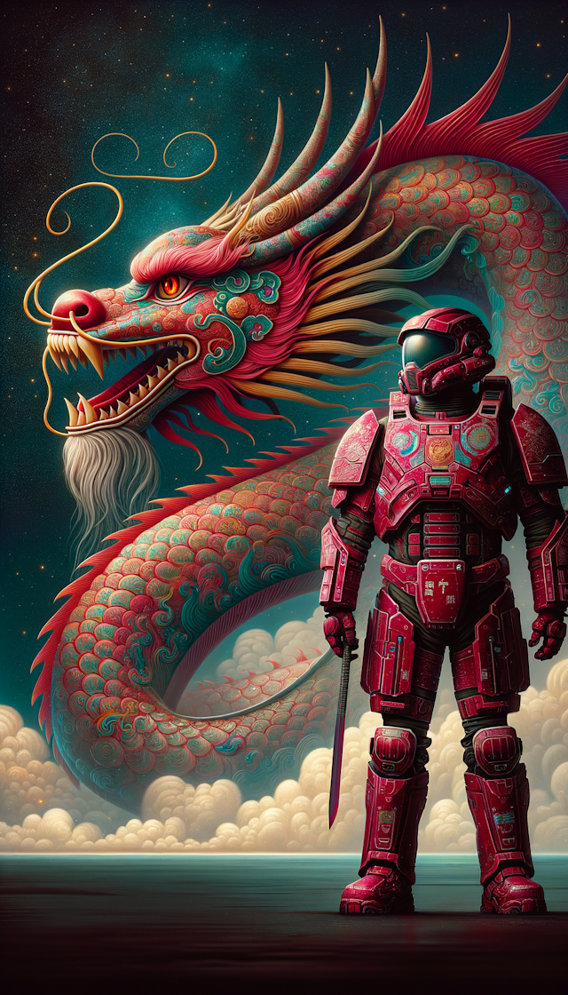 a red armor space marine in warhammer 40k standing in front of a traditional Chinese dragon