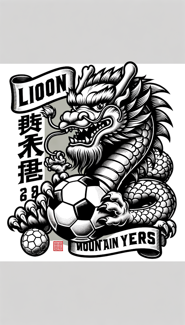 一只漫画风格的中国龙，前爪抱着一个足球，画面的左边写着“狮山岁月”