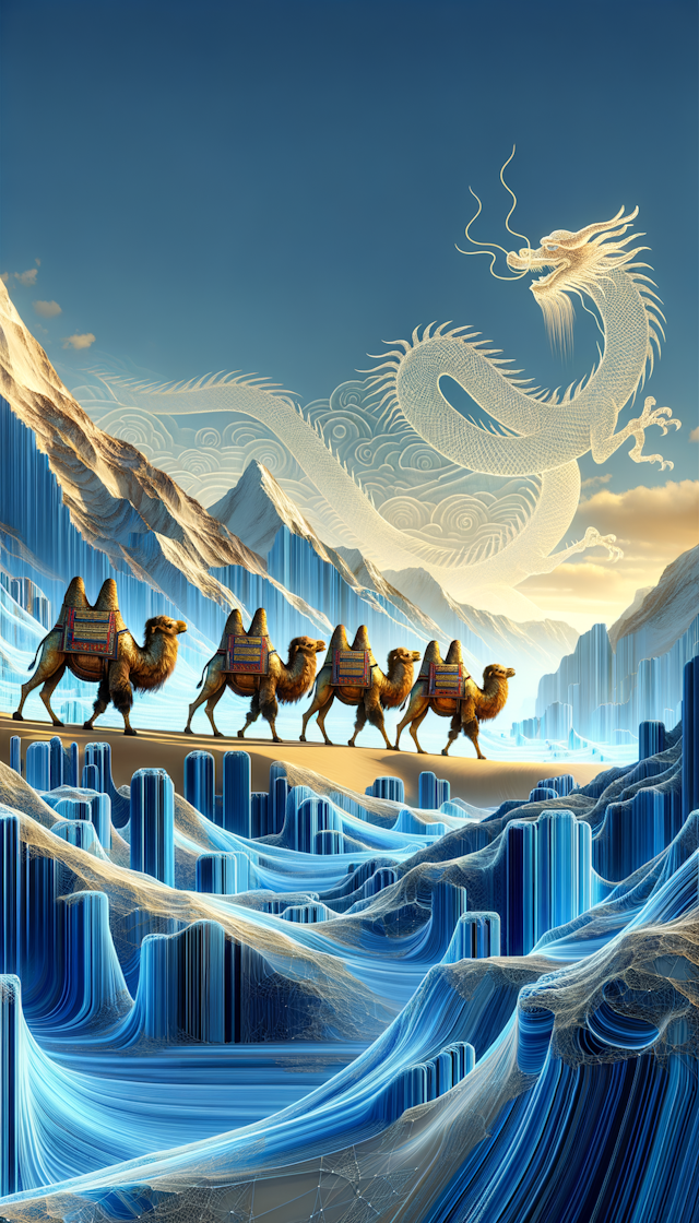 五匹高大强壮的金黄色骆驼组成的商队行走在由冰蓝色的数据流组成的沙漠中，天空中有一只若隐若现的中国龙的幻影