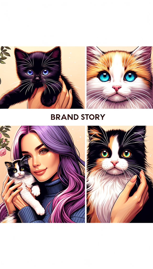 一个紫色长发女生抱着一只四只脚是白色的黑色玳瑁小猫和一个中长发粉色头发女生抱着一只蓝绿色异瞳的白色小猫以及一只绿眼睛金渐层