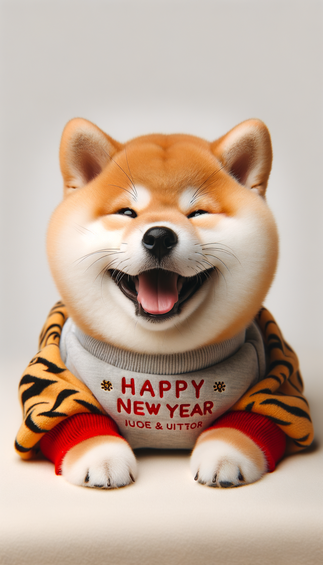 黄色的胖柴犬，可爱，新春快乐，红色老虎纹理的小棉袄，开心的笑容