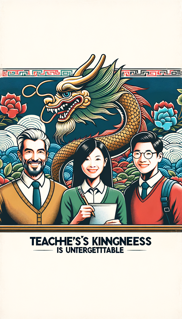 背景是中国龙，两个老师，一男一女，和一个男学生，都是亚洲人，一行字，Teacher's kindness is unforgettable