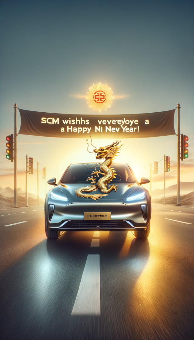 朝阳下一辆迎面驶来的电动汽车，车头竖立的金色龙车标，天空中有个条幅“SCM恭祝大家新春快乐！“”