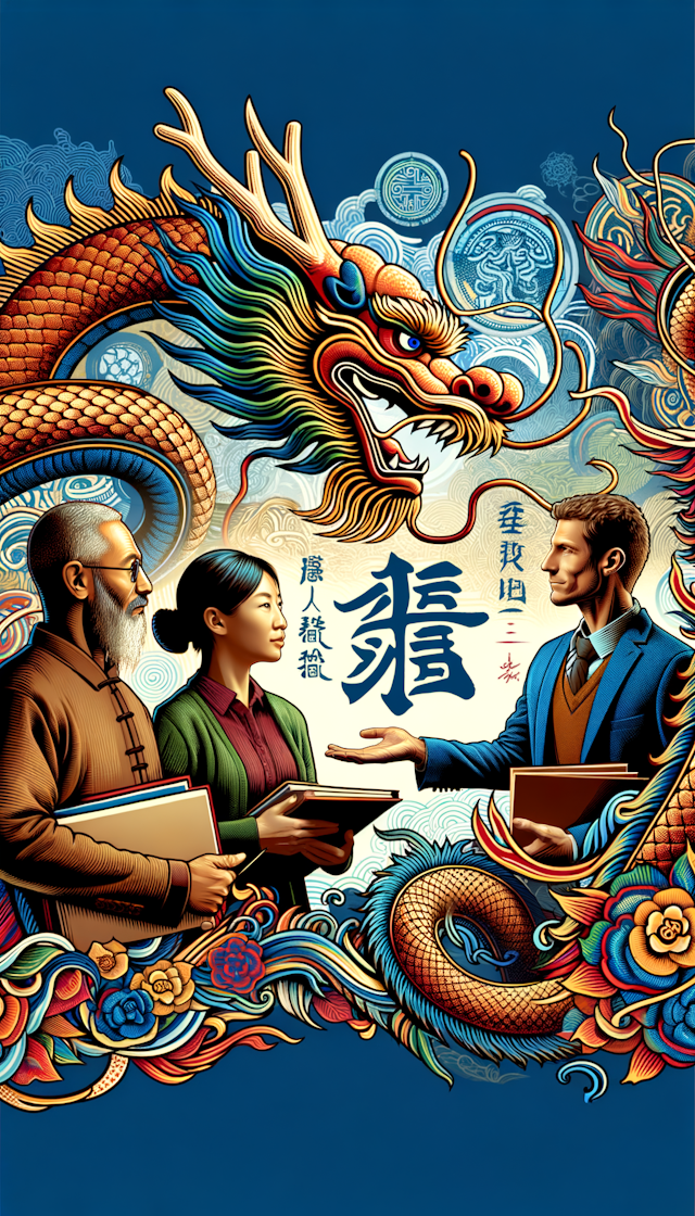 背景是中国龙，两个老师和一个学生，中间有一行字，师恩难忘