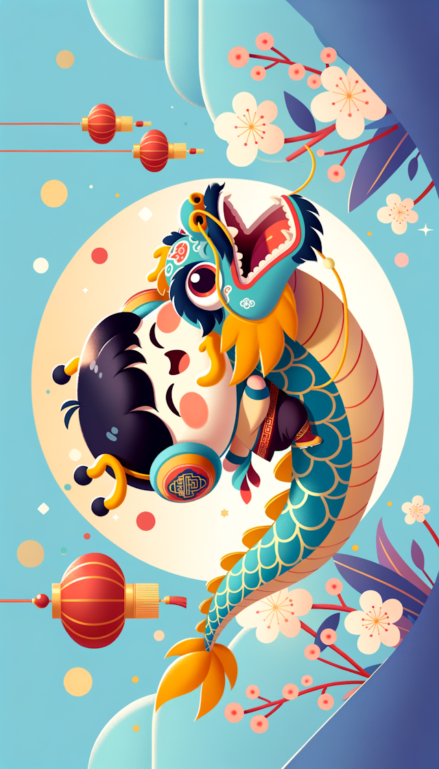 A cheerful Chinese Fuwa riding on a Chinese dragon, spreading smiles and good wishes in a cartoon-style representation, capturing the festive atmosphere of the Spring Festival. (cartoonish:1.3), (festive mood:1.2), (minimalistic style:1.4), (adorable:1.3), inspired by cute cartoon art. Cinematic view, 4K UHD image, Festive Charm, Simplified Design, Heartwarming, Playful, Lunar New Year Vibes