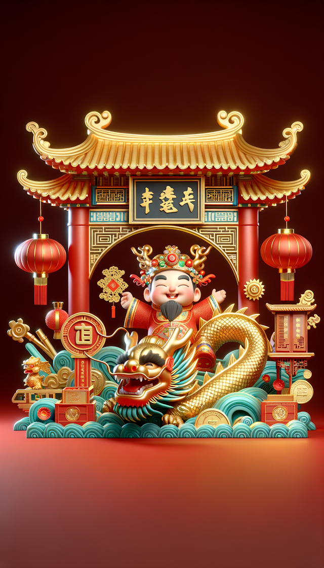 可爱的中国财神，3D效果，龙头头盔，正面透视，骑着中国龙在牌坊下方，欢快的表情，丰富多彩的3D龙头盔，喜庆的中国图案，三维华丽的中国门型牌坊，牌坊上的牌匾写着“南沙”二字，金属金和吉祥的红色，深红色的3D背景，金色的3D装饰元素，中国灯笼，金币，金锭，妈祖娘年，拱形大桥，象征财富，繁荣，红包封面设计，欢乐气氛，极简风格，3D皮克斯风格，C4D，充满活力和乐趣，高细节，逼真的纹理--ar 3:4