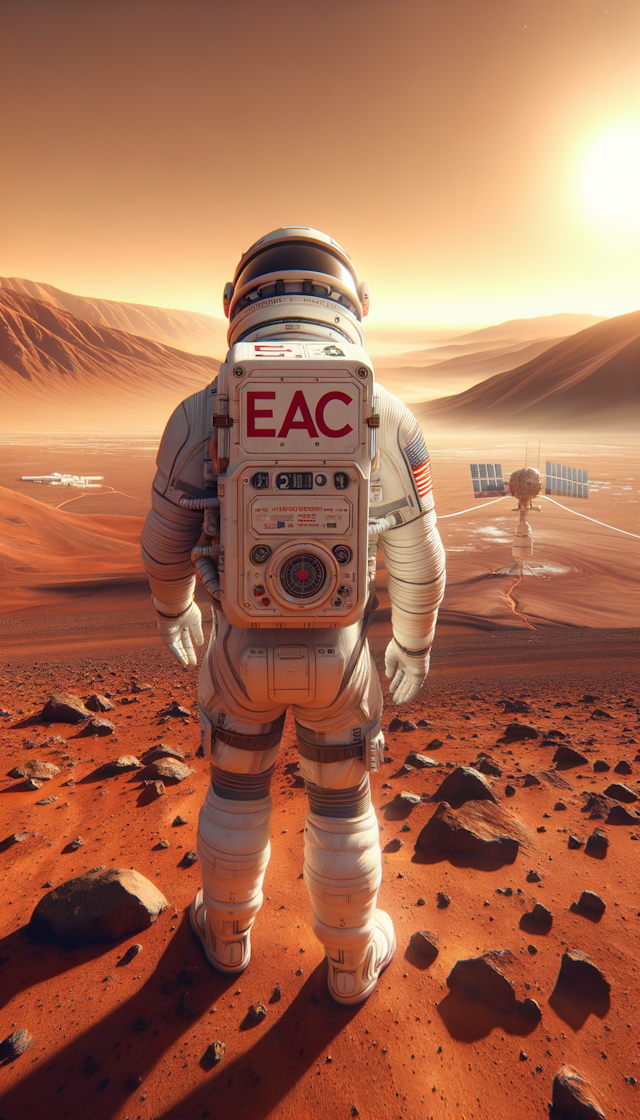 在火星上，一位宇航员，宇航员的后背印有"E/ACC"字样