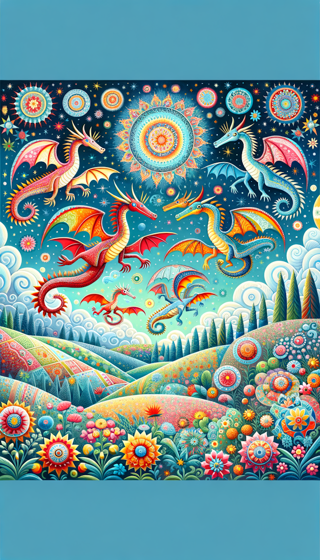 charming Whimsical folk art painting of  many flying dragons .Pixar style,Disney, vivid fun colors and patterns, whimsical background of  flowers